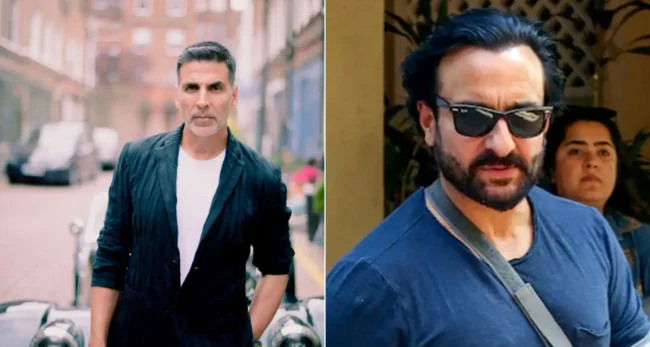 Saif Ali Khan and Akshay Kumar during a press event for Sky Force, with Akshay praising Saif's bravery